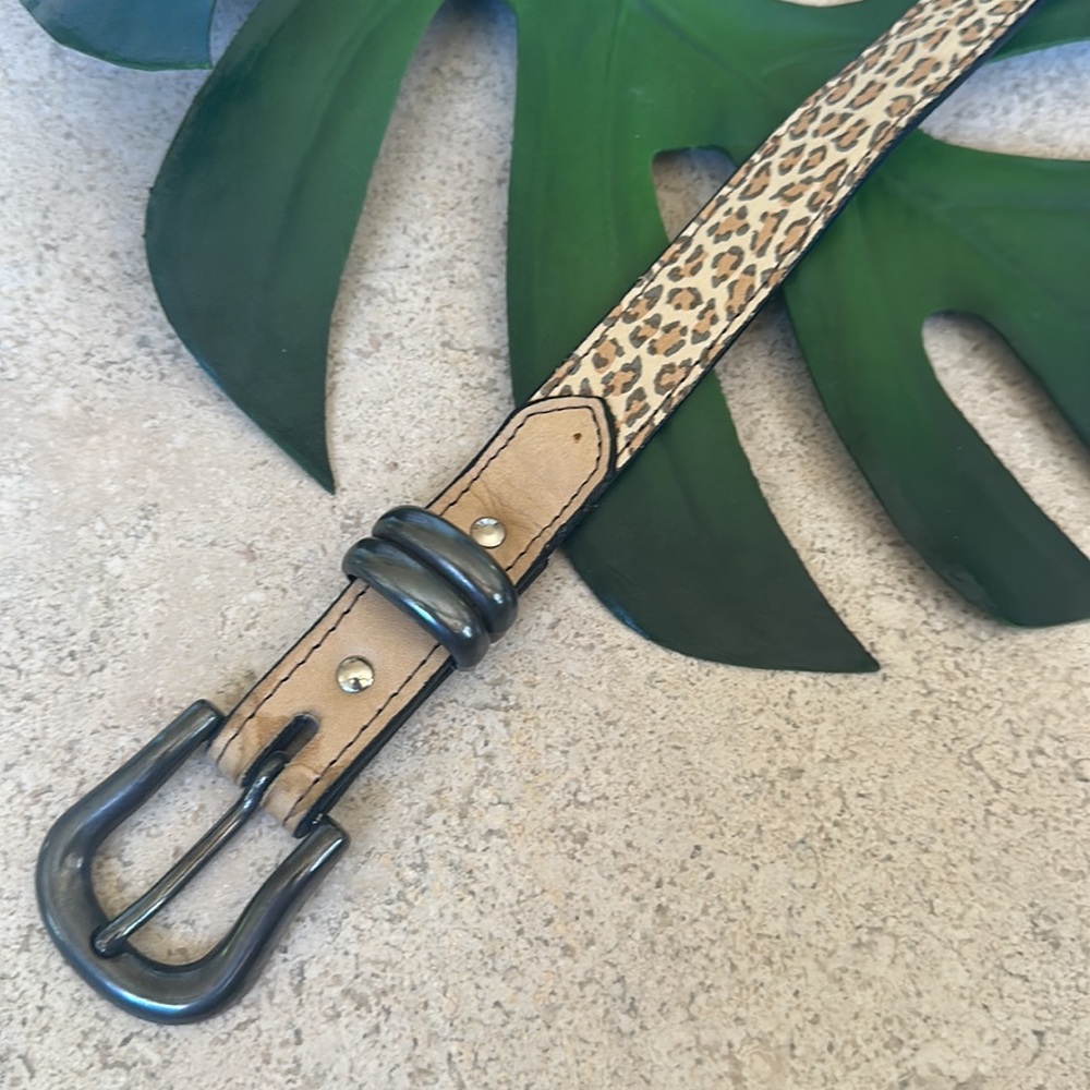 Vintage leather belt San Marcos leopard gunmetal-tone hardware small 36 inches